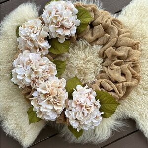 Floral Burlap Wreath with White Hydrangeas
